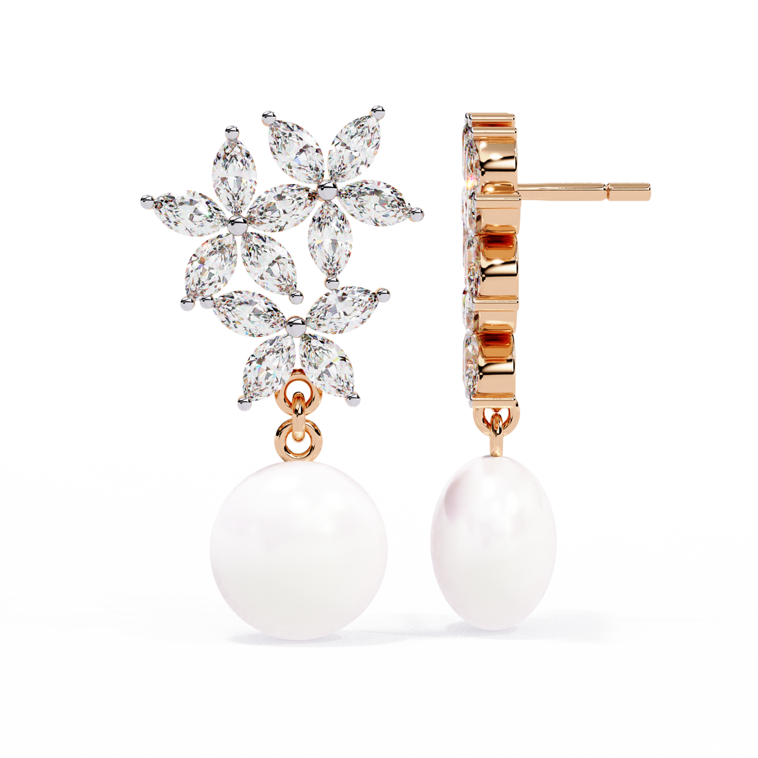 Floral Diamond Pearl Drop Earrings – Lab Grown Gold Jewelry