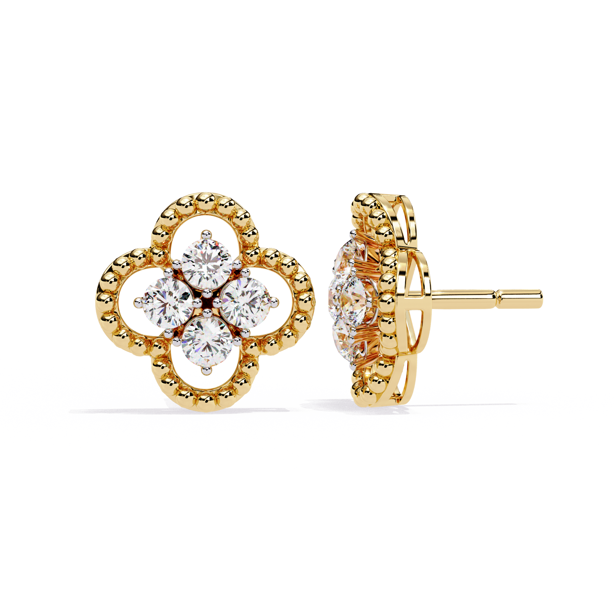 Gold Clover Diamond Stud Earrings – Lab Grown Diamond Jewelry