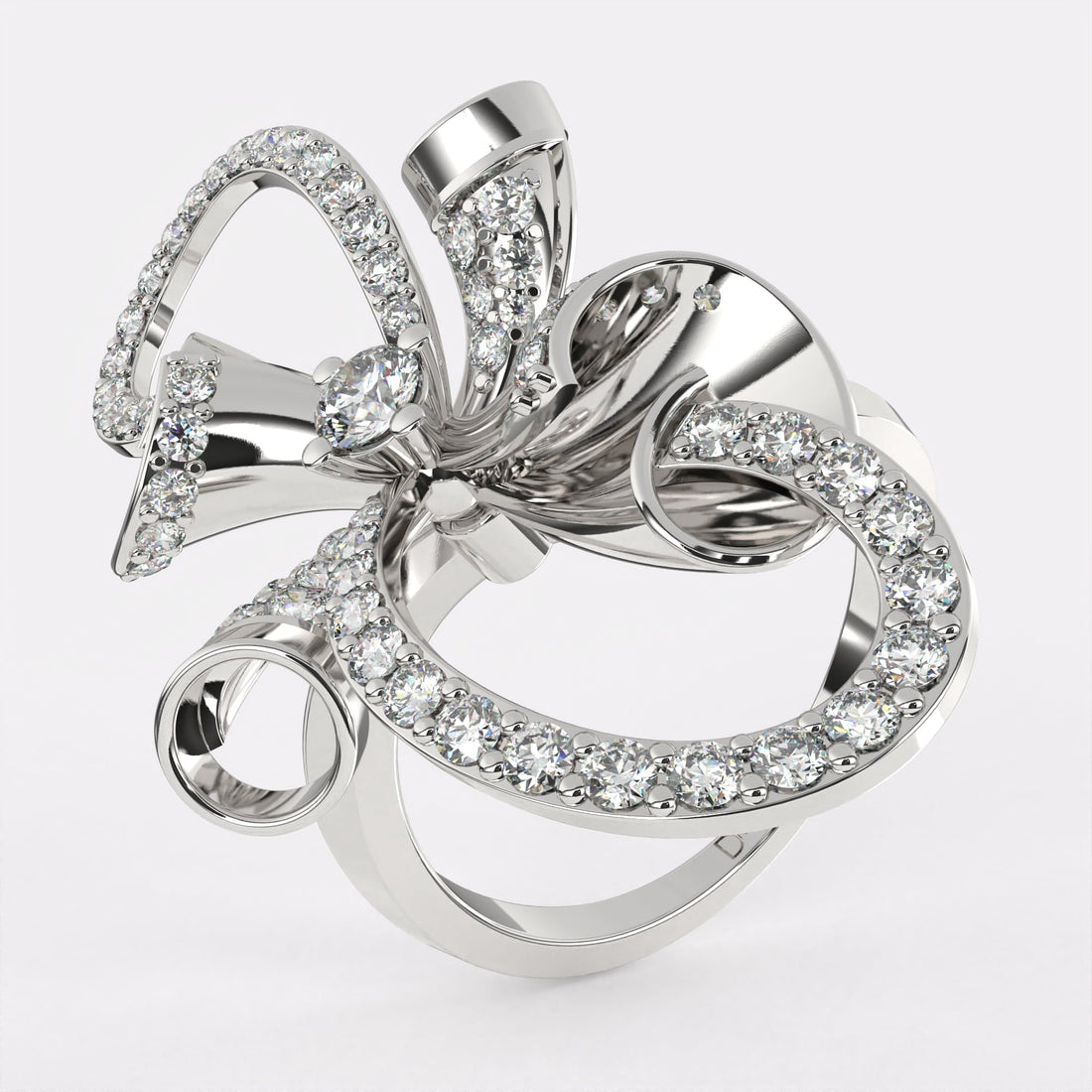 Gold Ribbon Bow Diamond Ring in 925 Silver
