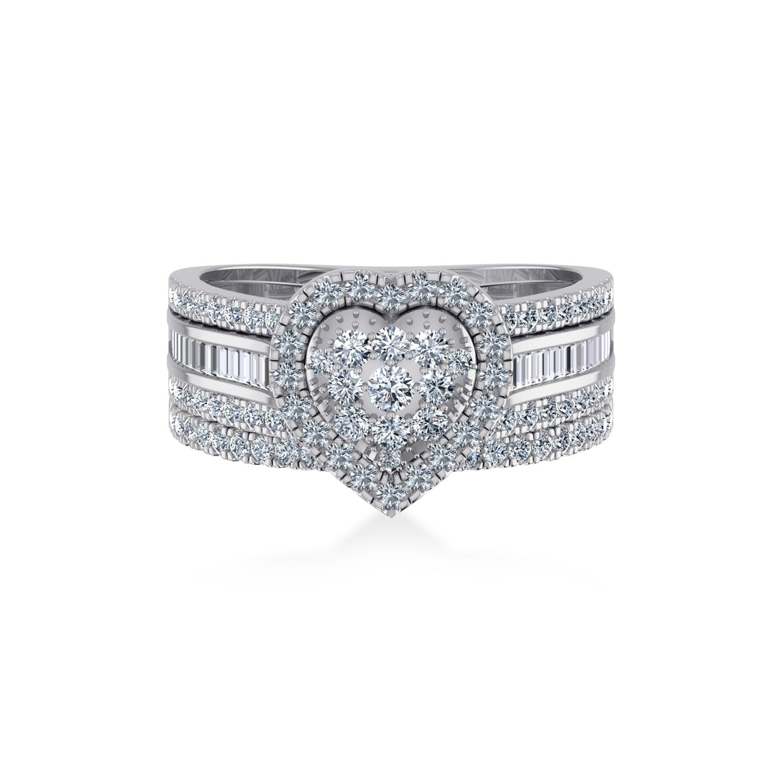 Heart Cluster Baguette Wide Pave Band Lab-Grown Diamond Ring 7