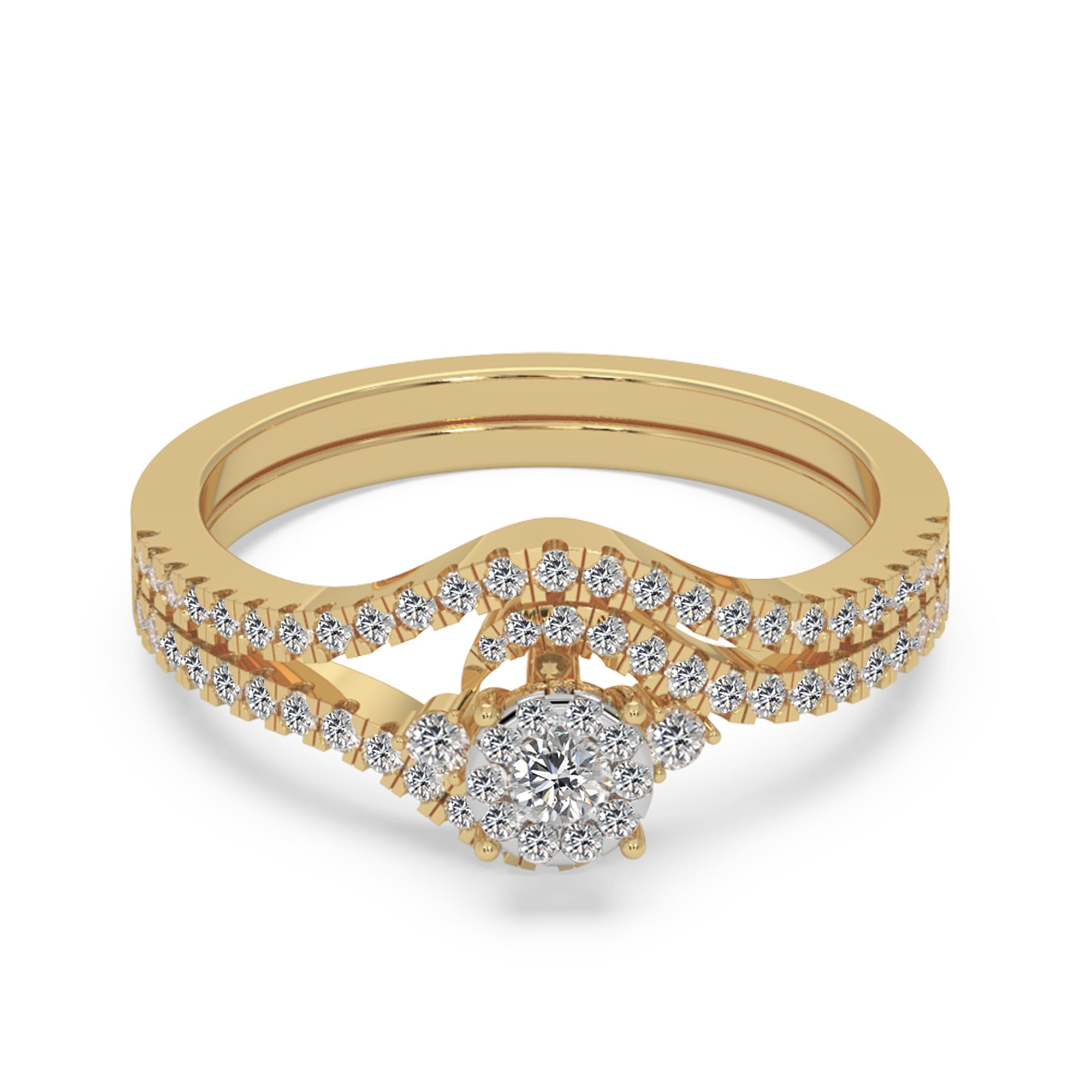 Lab-Grown Diamond Bridal Set – Round Cluster Ring with Chevron Band