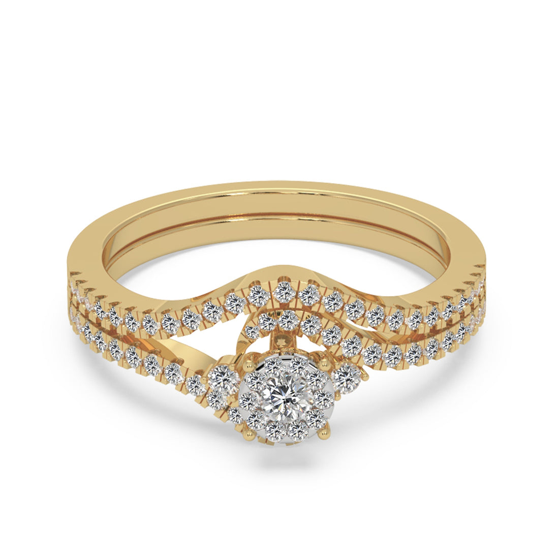 Lab-Grown Diamond Bridal Set – Round Cluster Ring with Chevron Band