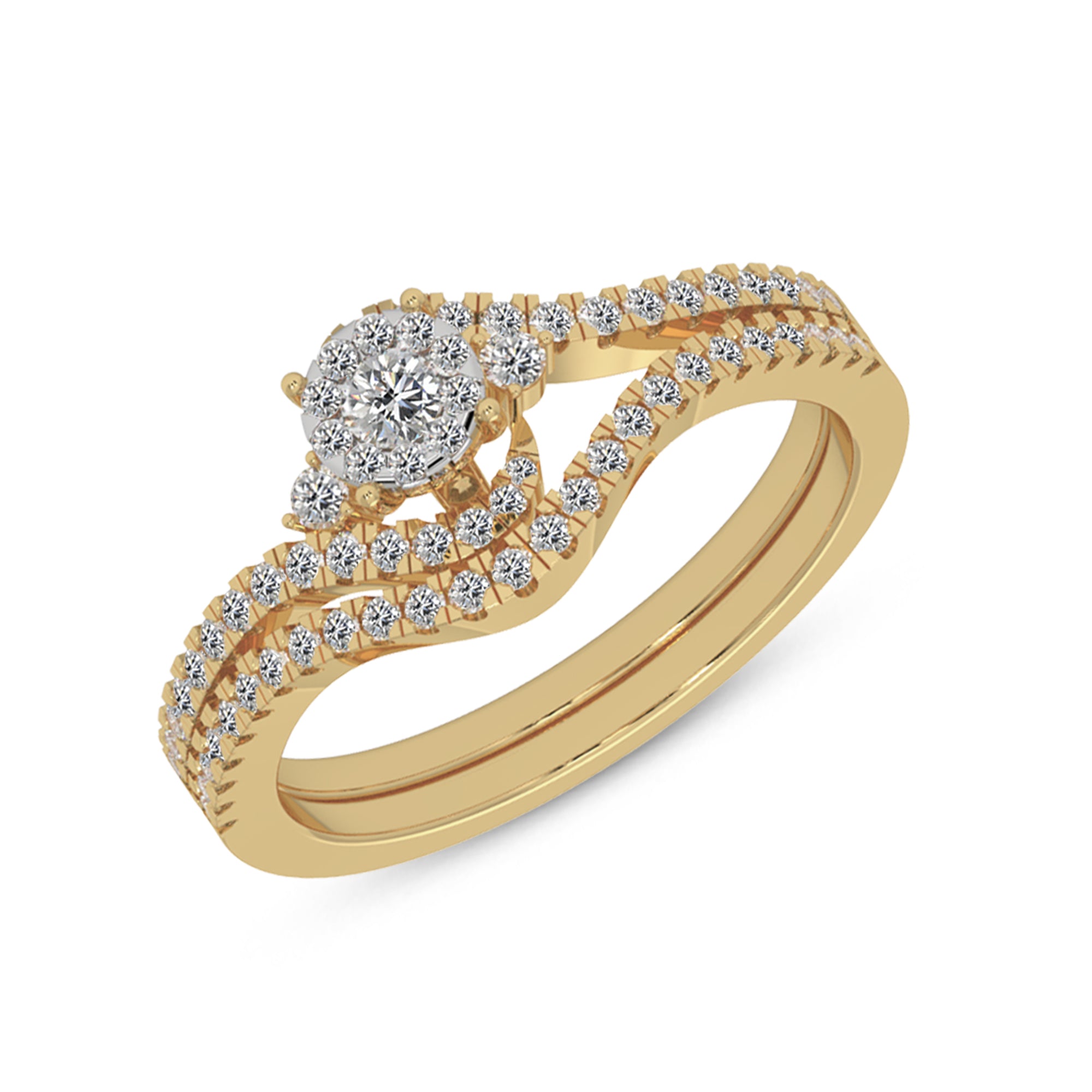 Lab-Grown Diamond Bridal Set – Round Cluster Ring with Chevron Band