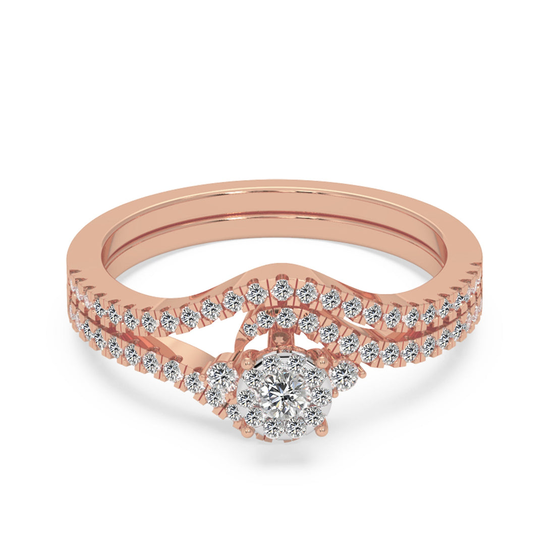 Lab-Grown Diamond Bridal Set – Round Cluster Ring with Chevron Band