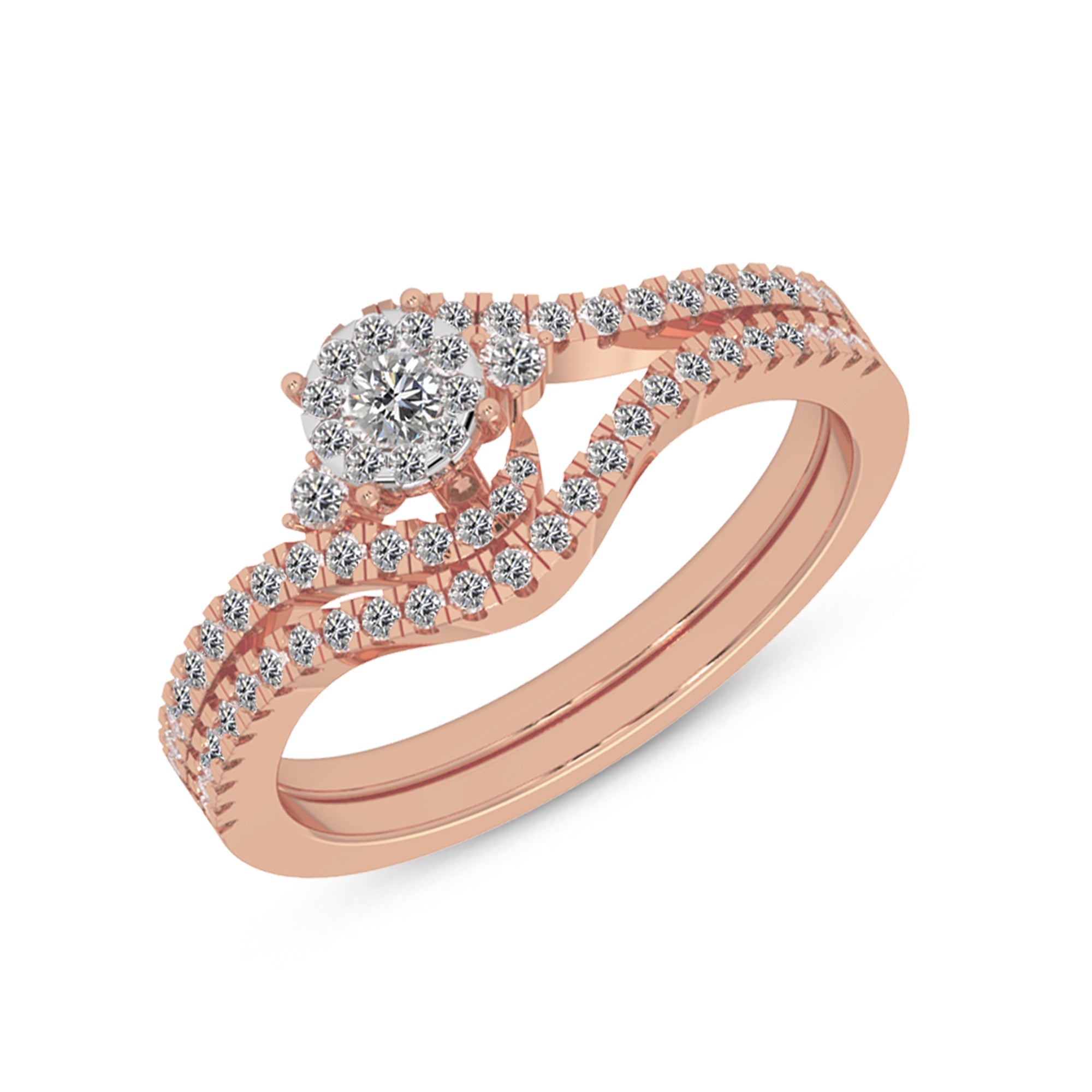 Lab-Grown Diamond Bridal Set – Round Cluster Ring with Chevron Band