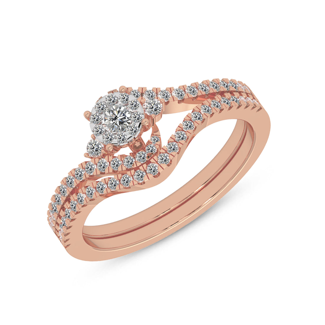 Lab-Grown Diamond Bridal Set – Round Cluster Ring with Chevron Band