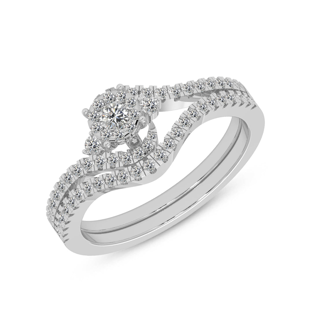 Lab-Grown Diamond Bridal Set – Round Cluster Ring with Chevron Band
