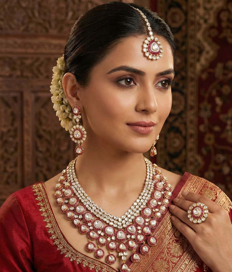 Lab-Grown Diamond Polki Necklace Set | Ruby Halo Bridal Choker with Tikka & Ring
