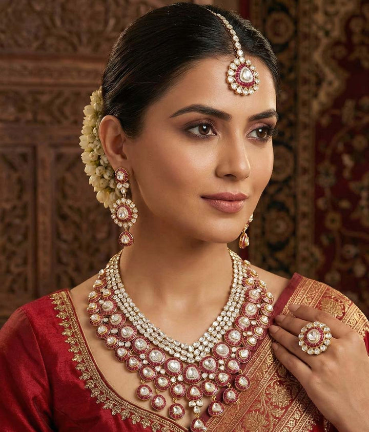 Lab-Grown Diamond Polki Necklace Set | Ruby Halo Bridal Choker with Tikka & Ring