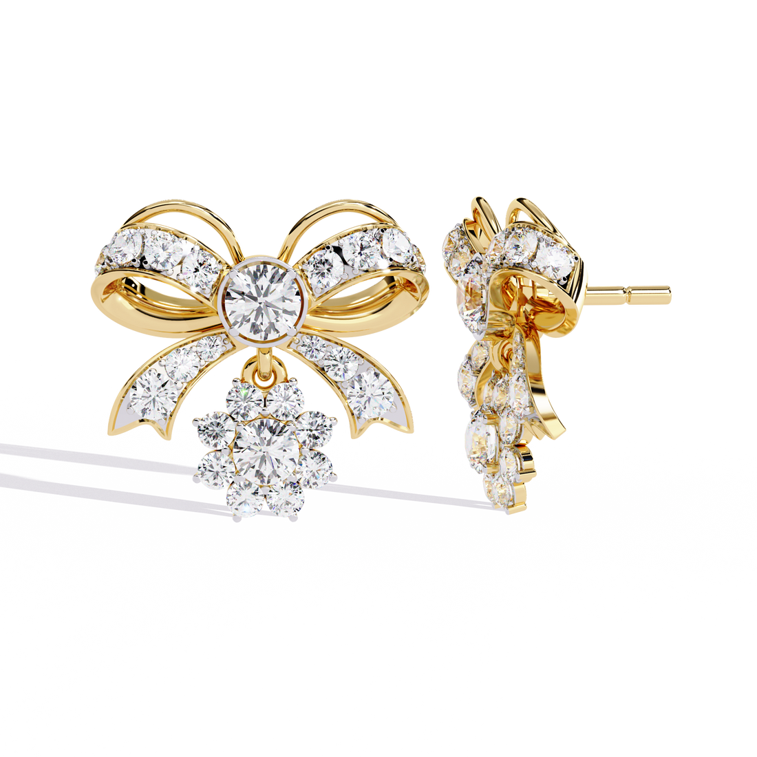 Lab Grown Diamond Bow Earrings – Gold Floral Drop Studs