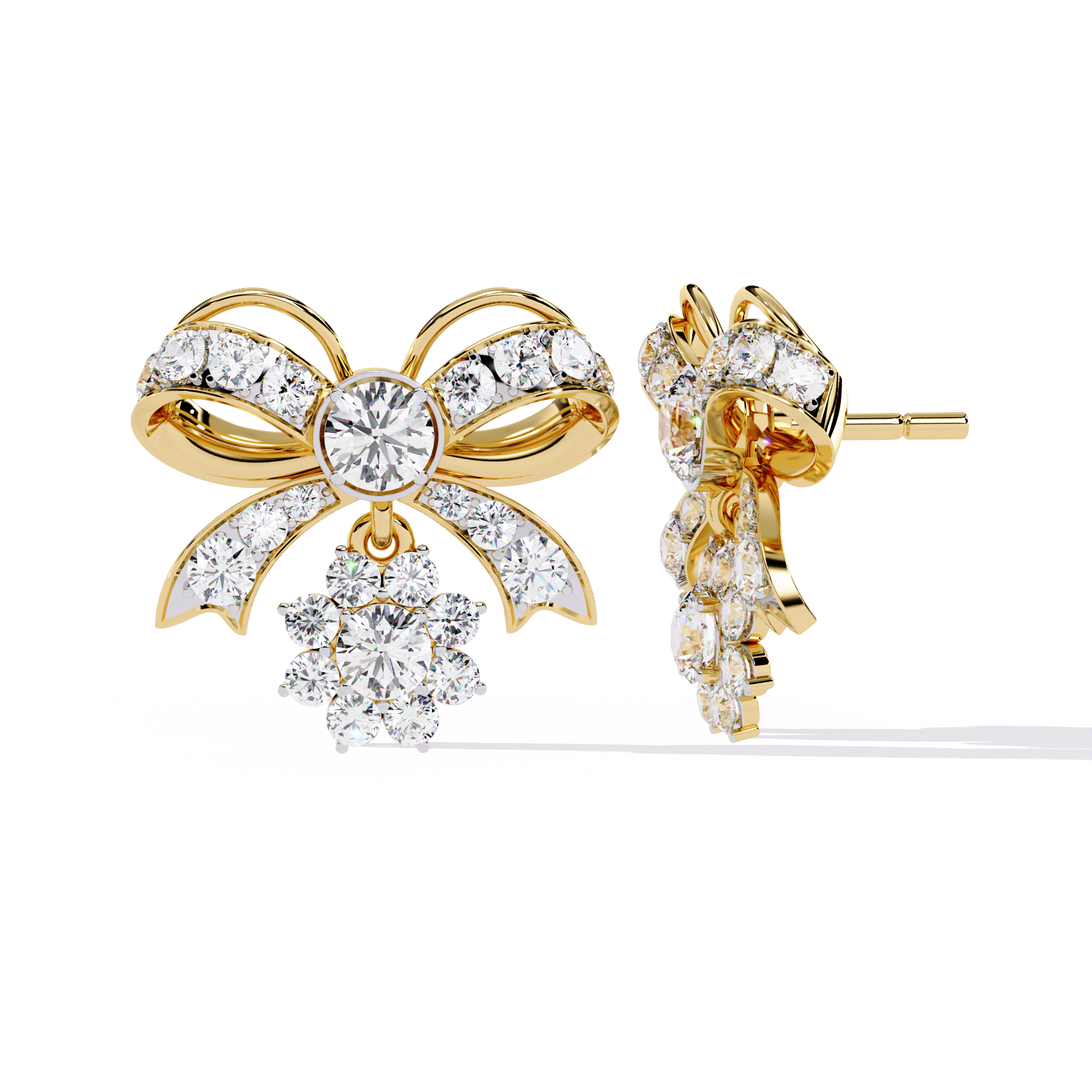 Lab Grown Diamond Bow Earrings – Gold Floral Drop Studs