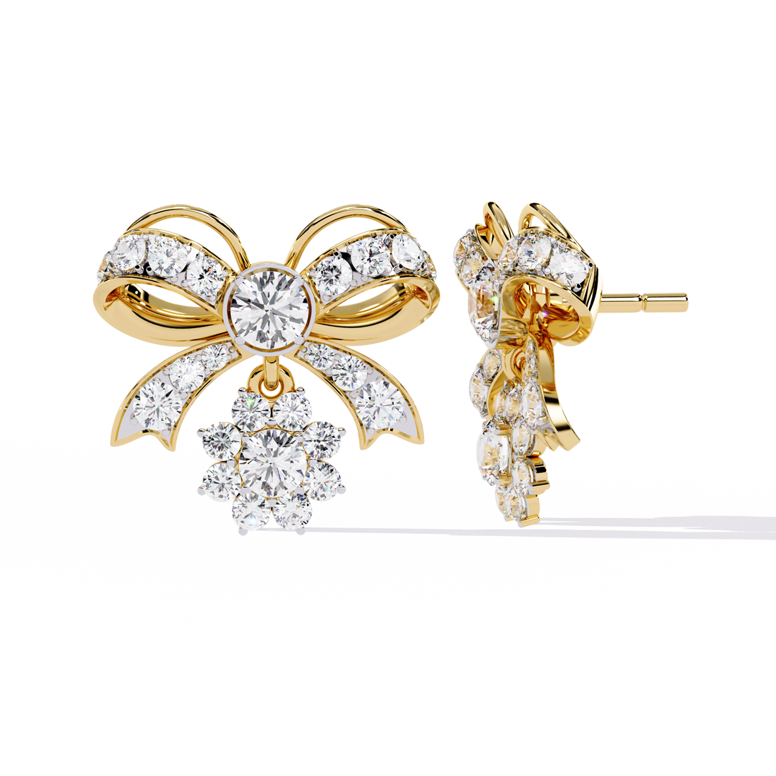Lab Grown Diamond Bow Earrings – Gold Floral Drop Studs