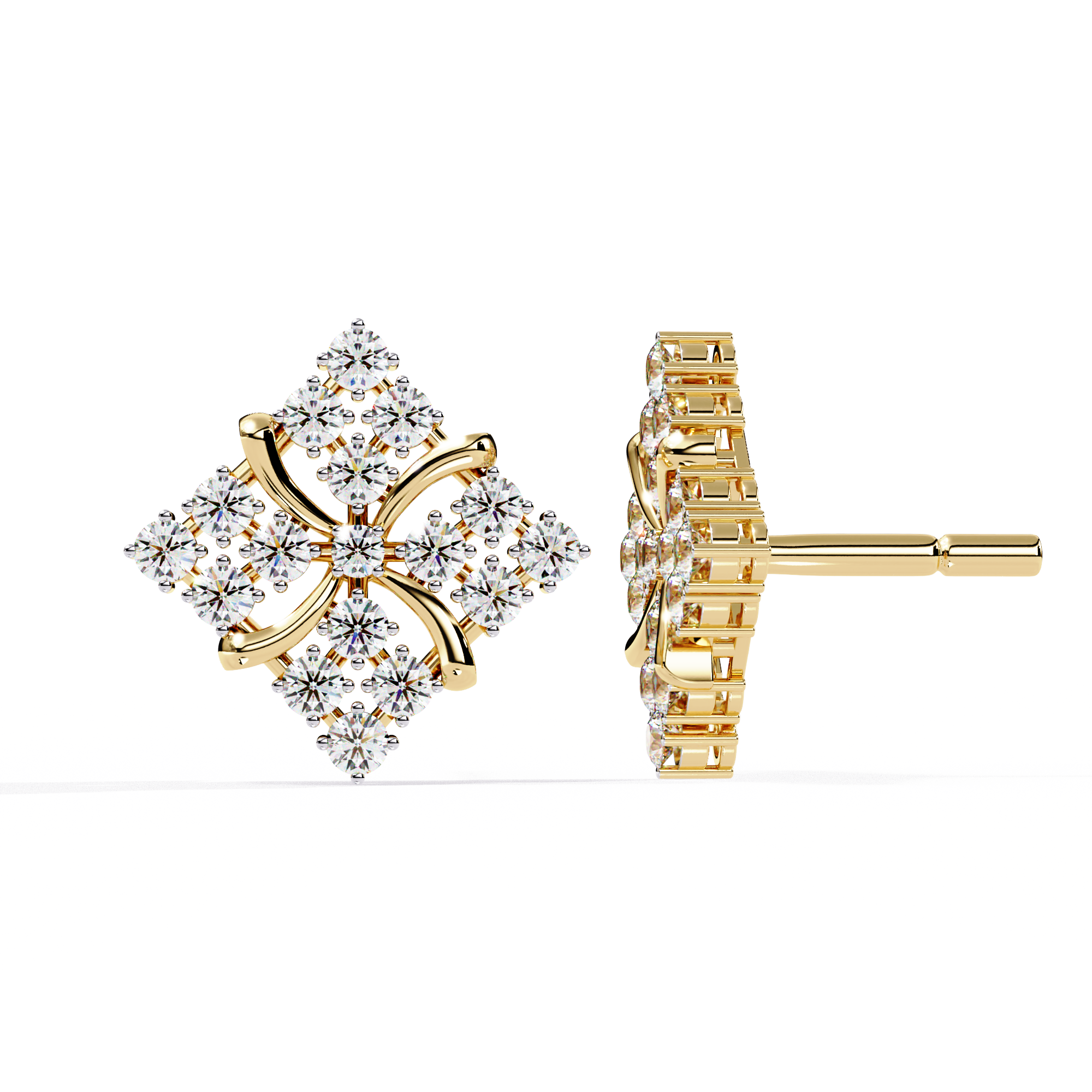 Lab Grown Diamond Floral Stud Earrings – Gold Square Cluster Design