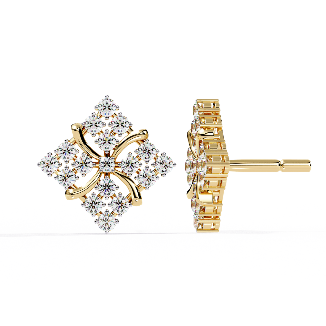 Lab Grown Diamond Floral Stud Earrings – Gold Square Cluster Design