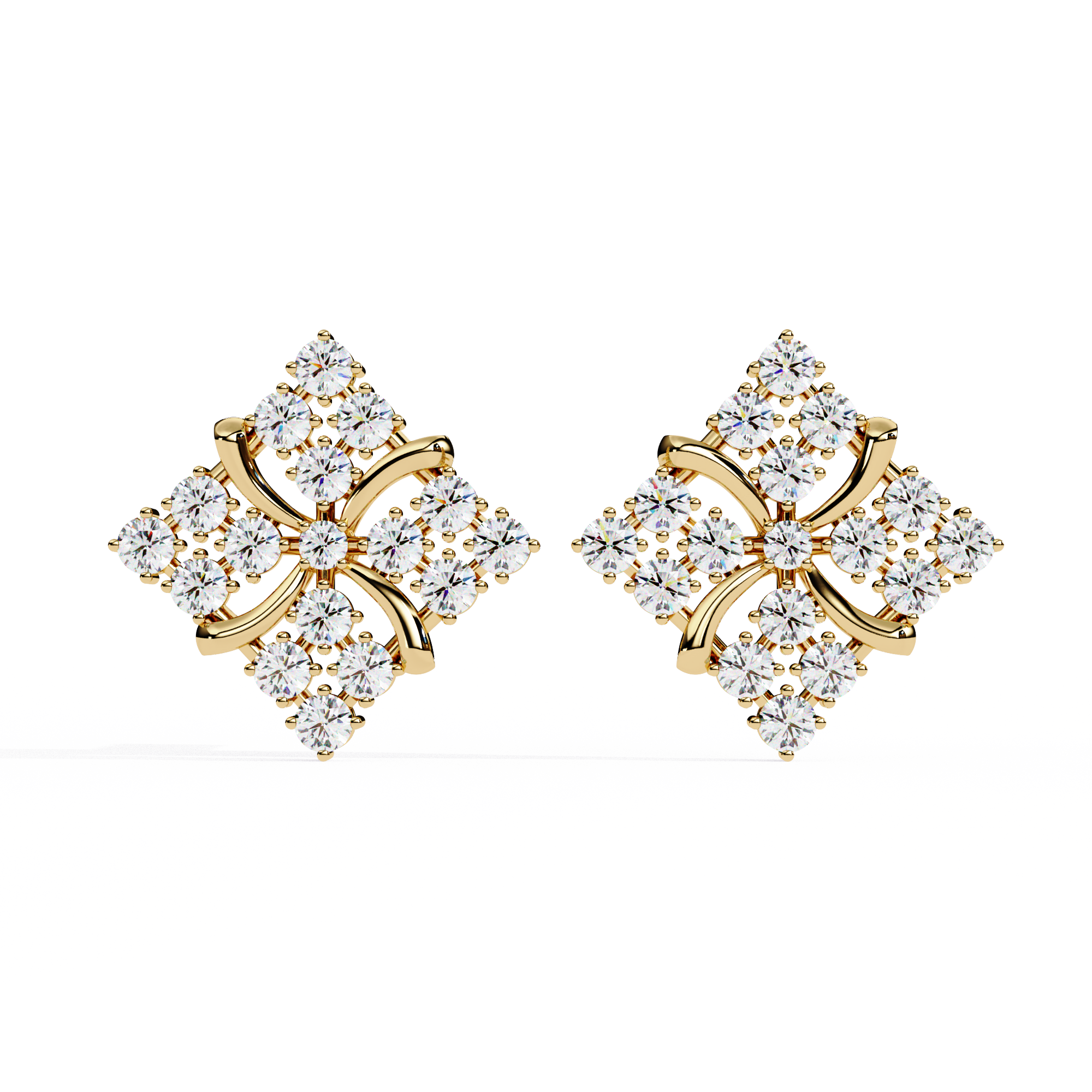 Lab Grown Diamond Floral Stud Earrings – Gold Square Cluster Design