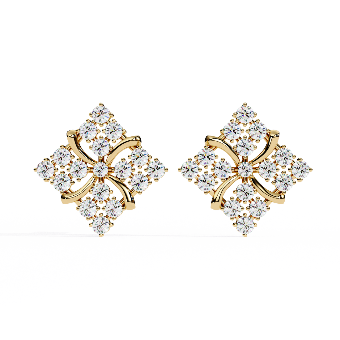 Lab Grown Diamond Floral Stud Earrings – Gold Square Cluster Design
