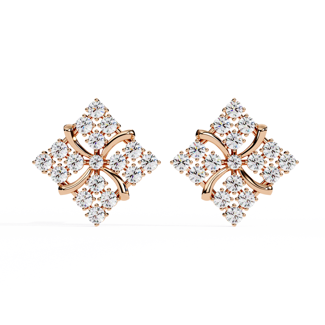 Lab Grown Diamond Floral Stud Earrings – Gold Square Cluster Design