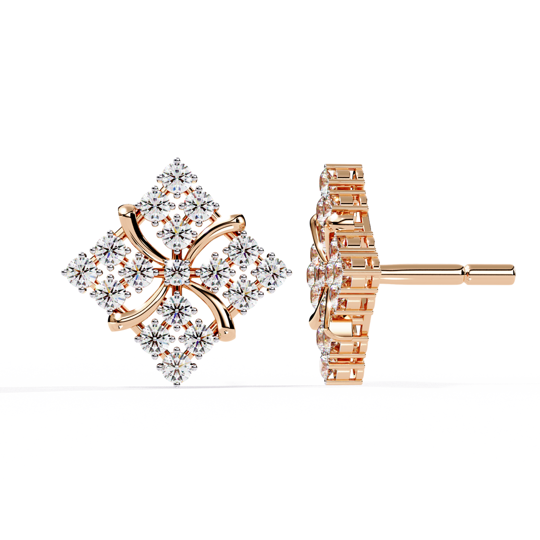 Lab Grown Diamond Floral Stud Earrings – Gold Square Cluster Design