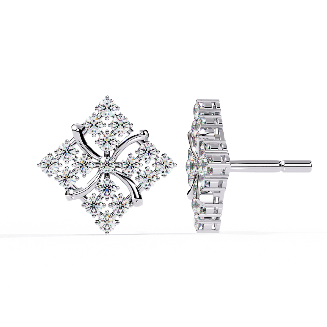 Lab Grown Diamond Floral Stud Earrings – Gold Square Cluster Design