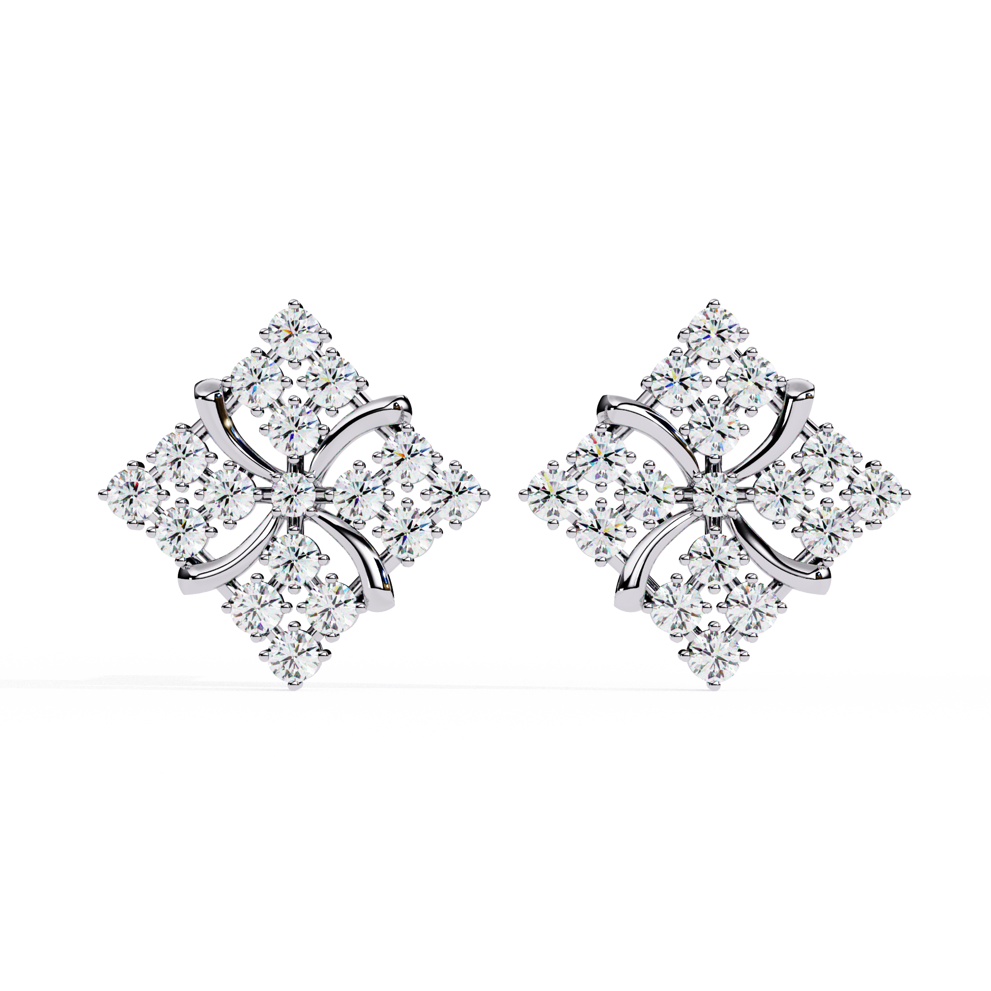Lab Grown Diamond Floral Stud Earrings – Gold Square Cluster Design in 925 silver 