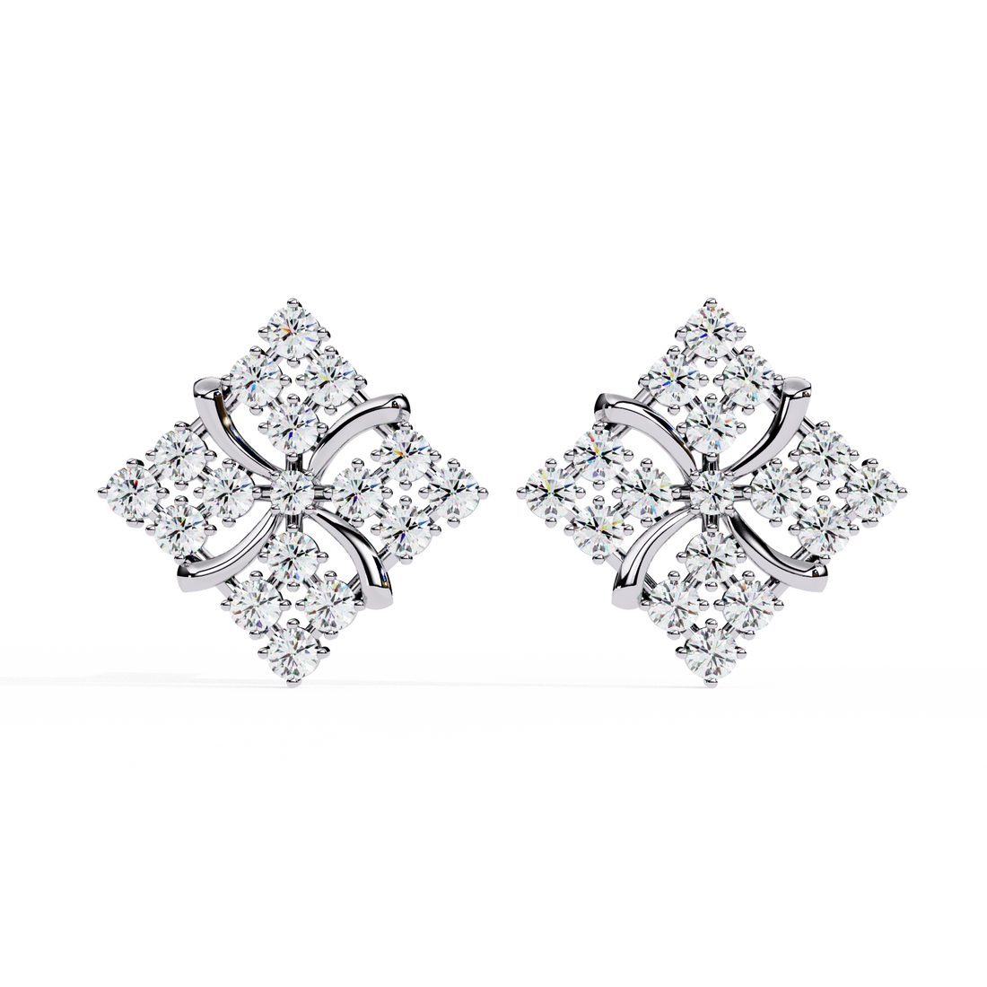 Lab Grown Diamond Floral Stud Earrings – Gold Square Cluster Design in 925 silver 