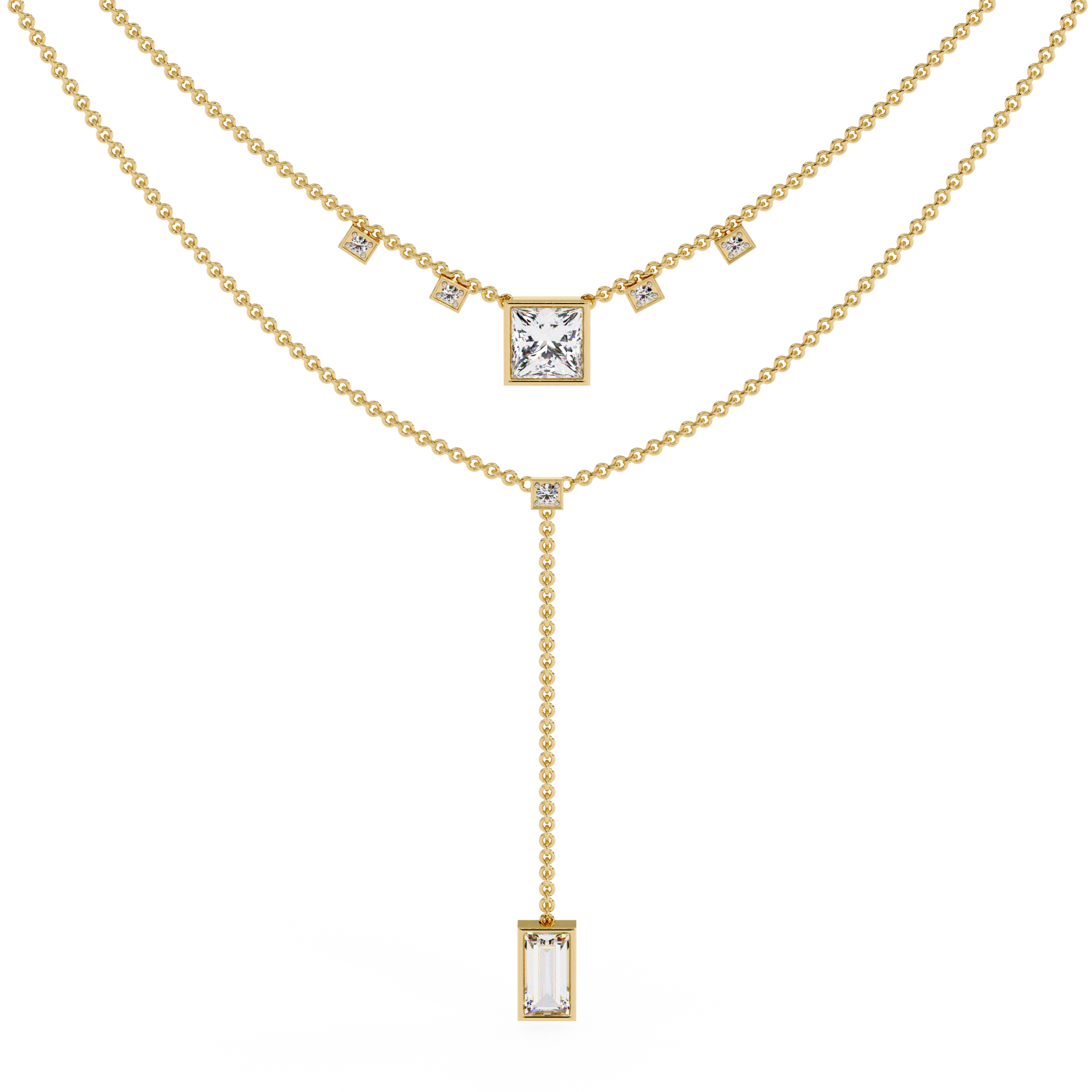 Layered Geometric Necklace with Princess and Baguette Cut lab grown Diamonds