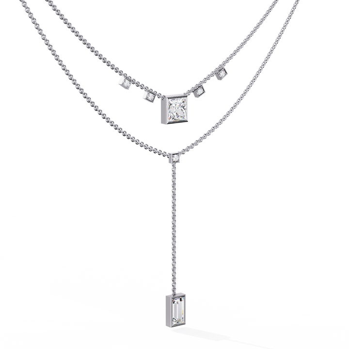 Layered Geometric Necklace with Princess and Baguette Cut lab grown Diamonds