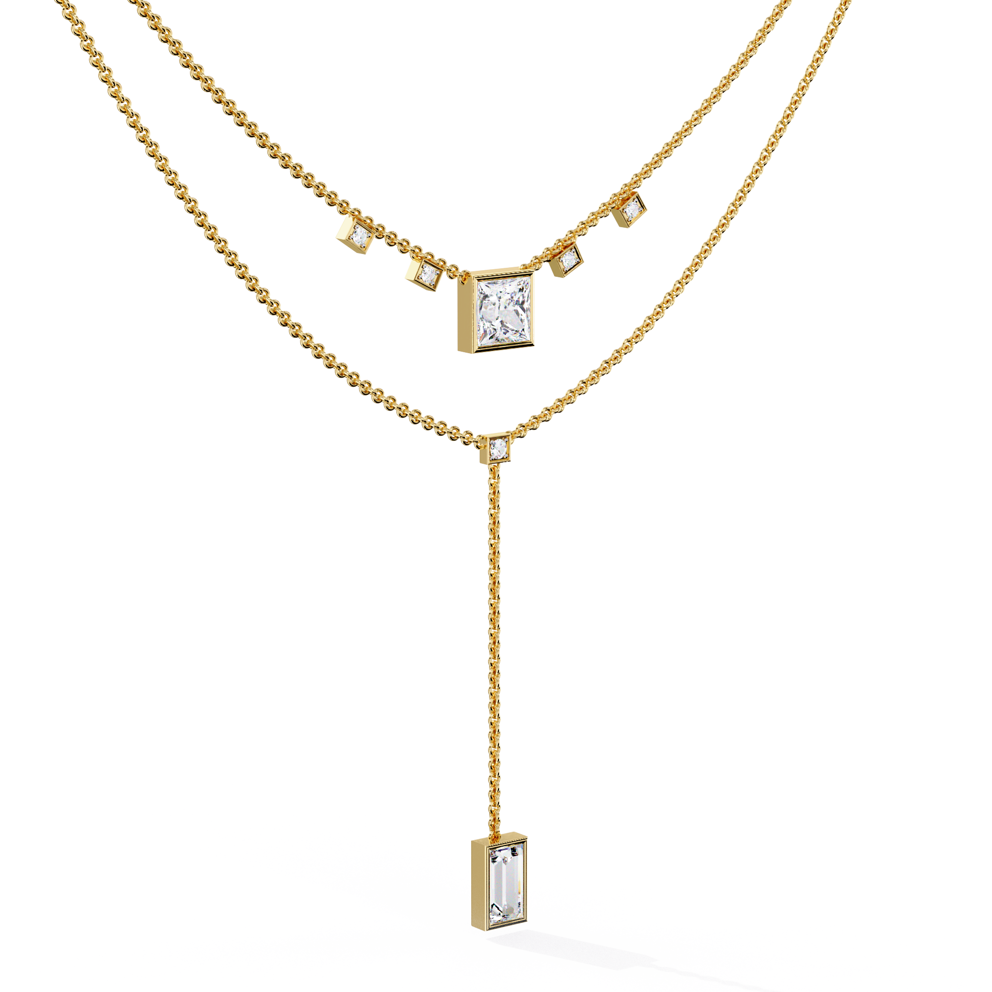 Layered Geometric Necklace with Princess and Baguette Cut lab grown Diamonds