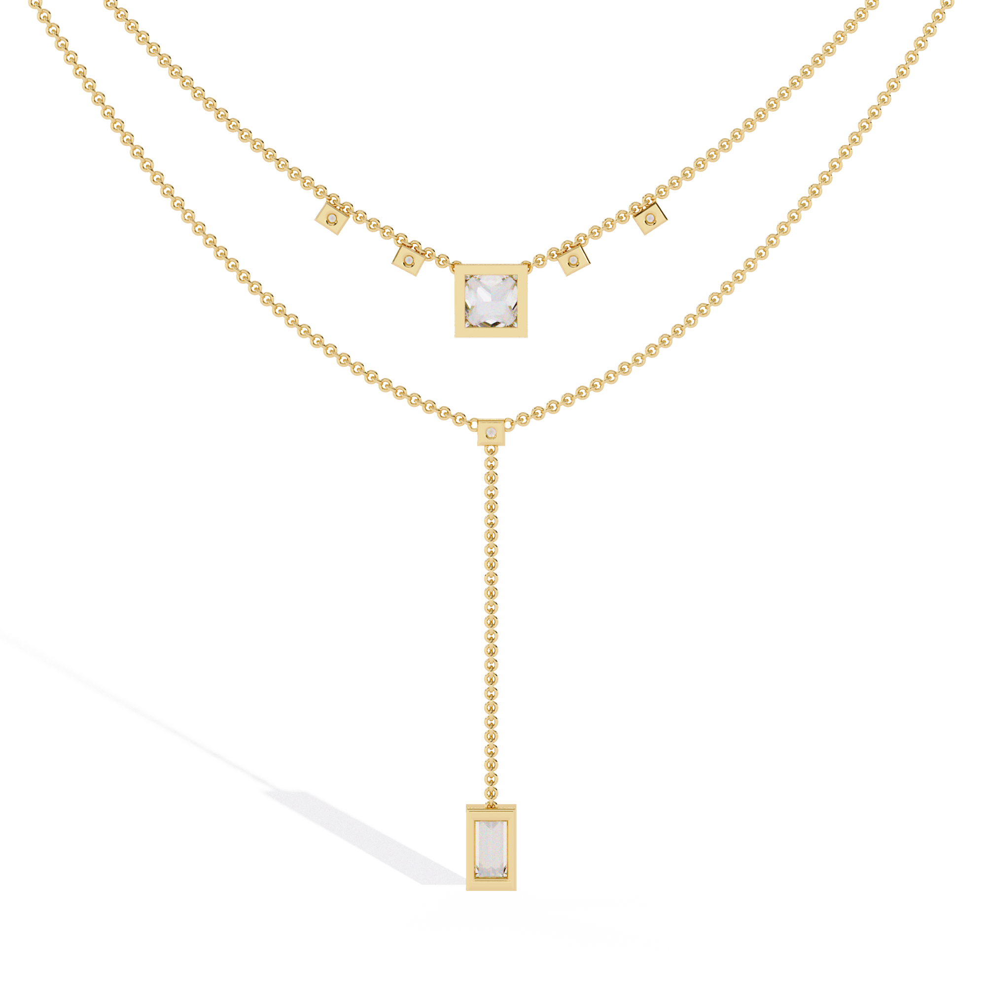 Layered Geometric Necklace with Princess and Baguette Cut lab grown Diamonds