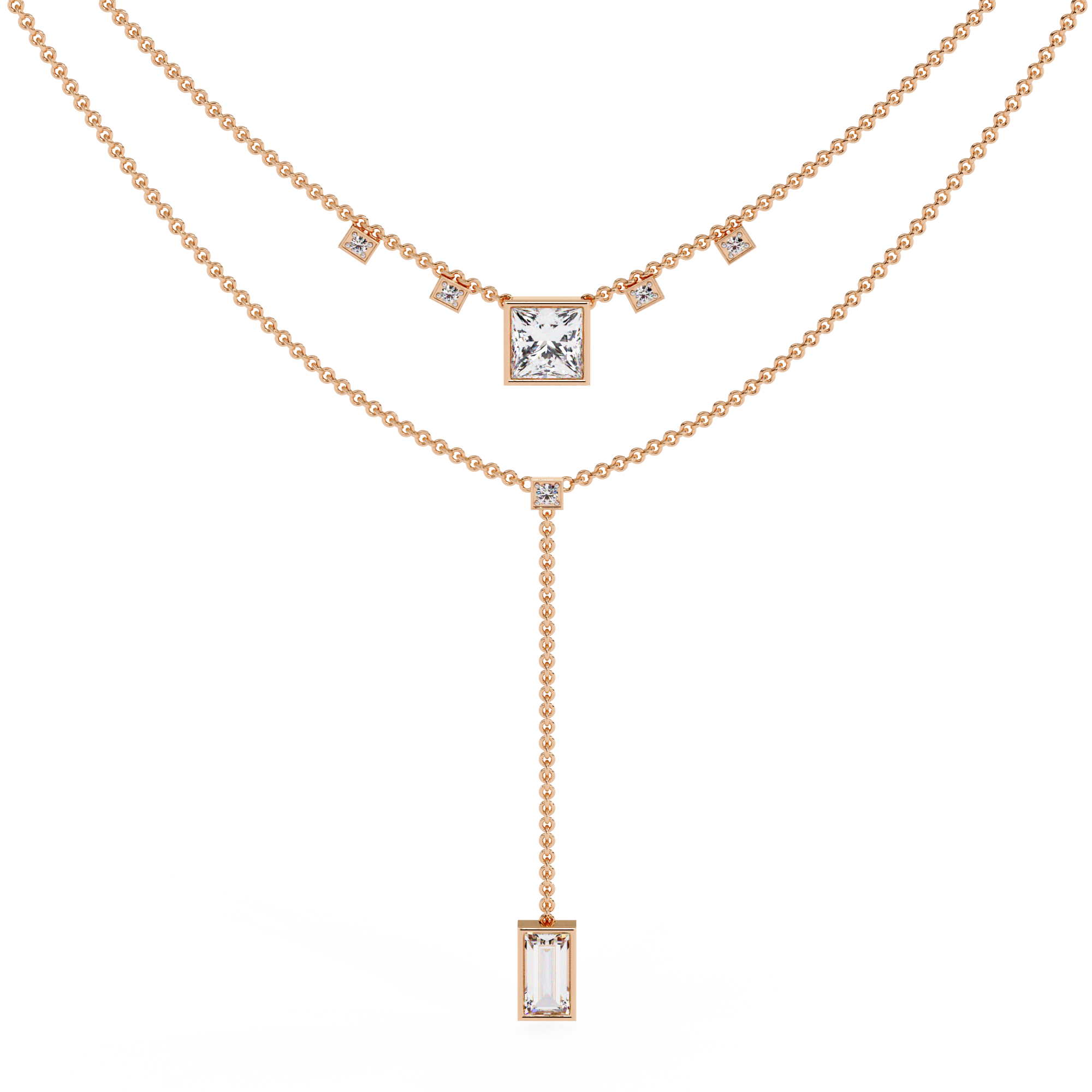 Layered Geometric Necklace with Princess and Baguette Cut lab grown Diamonds