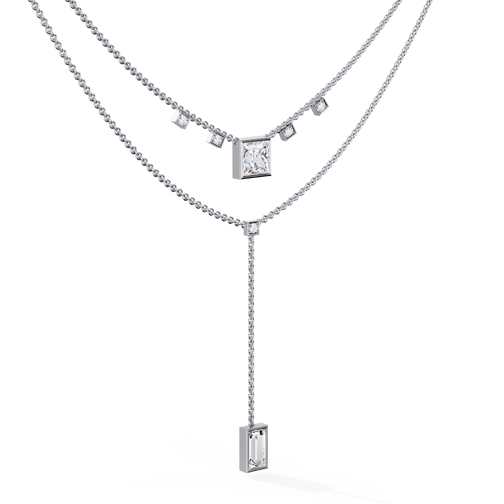 Layered Geometric Necklace with Princess and Baguette Cut lab grown Diamonds