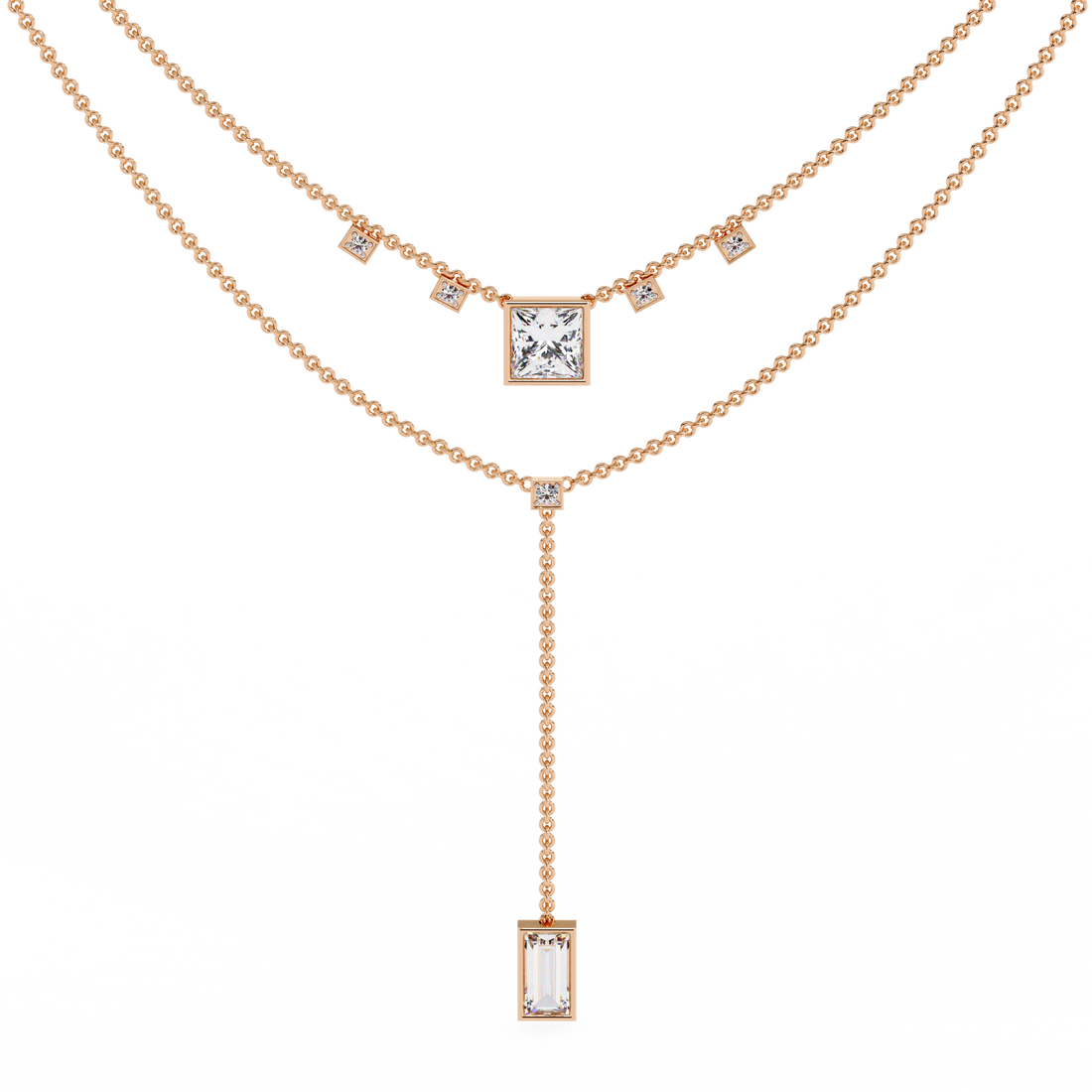 Layered Geometric Necklace with Princess and Baguette Cut lab grown Diamonds