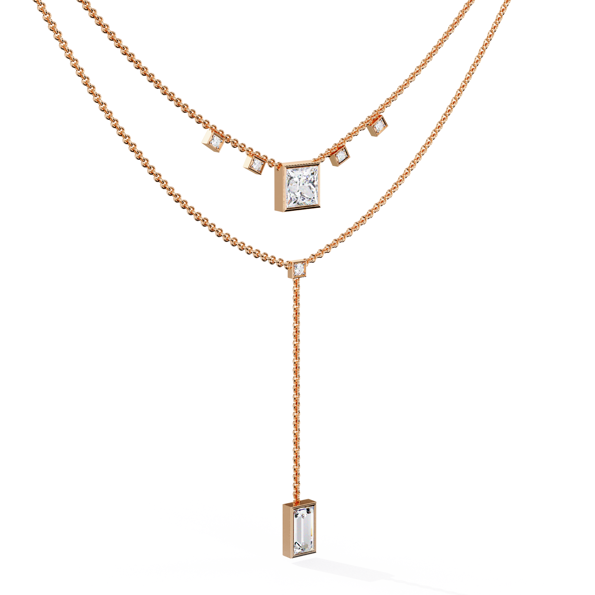 Layered Geometric Necklace with Princess and Baguette Cut lab grown Diamonds