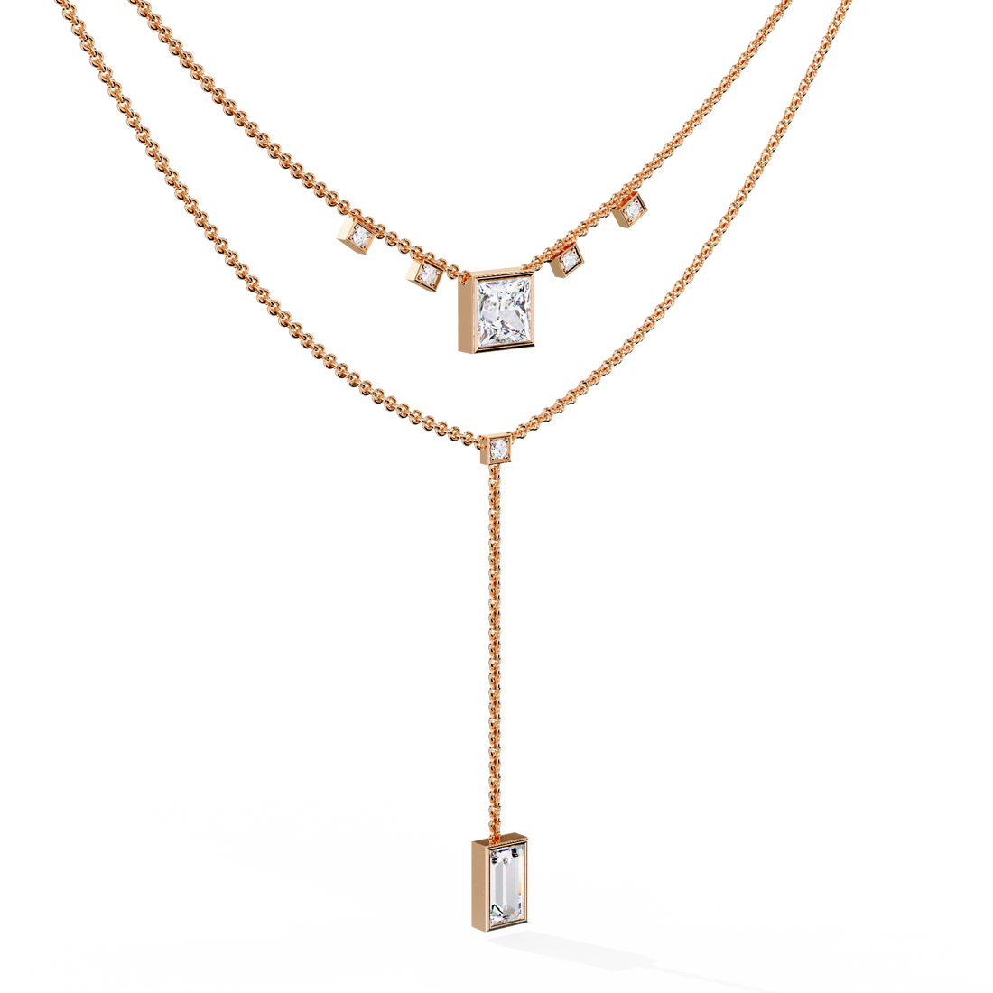 Layered Geometric Necklace with Princess and Baguette Cut lab grown Diamonds
