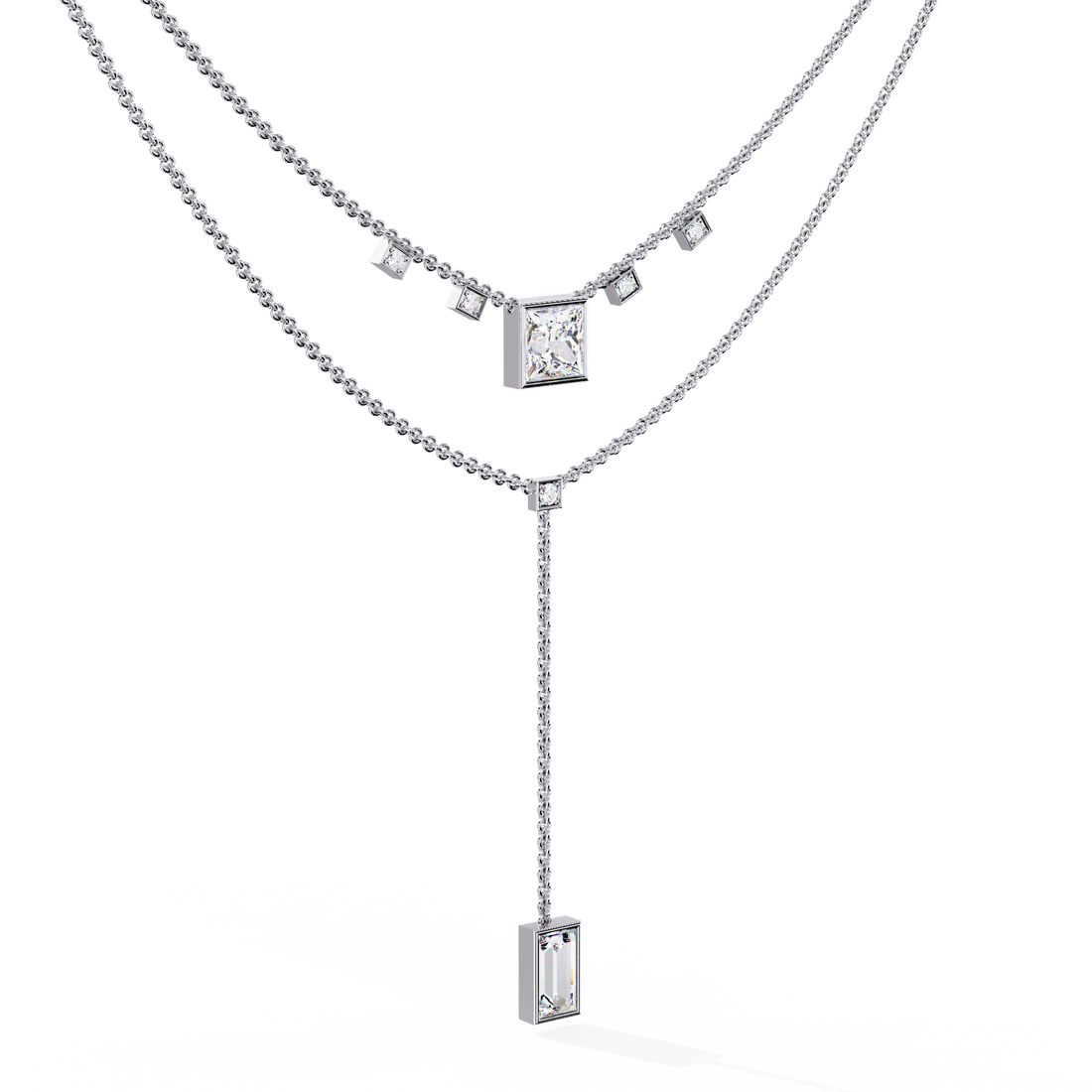 Layered Geometric Necklace with Princess and Baguette Cut lab grown Diamonds