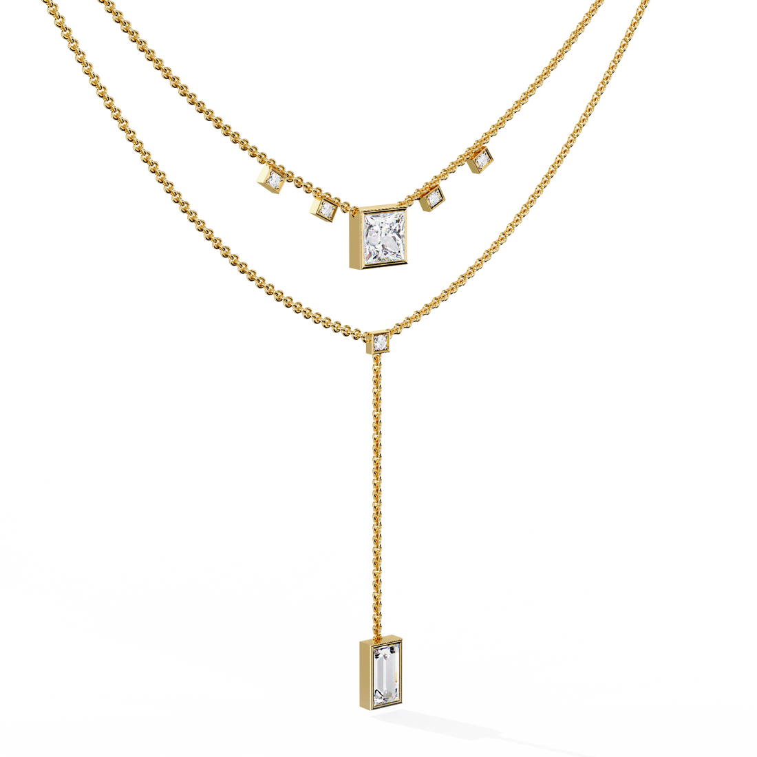 Layered Geometric Necklace with Princess and Baguette Cut lab grown Diamonds