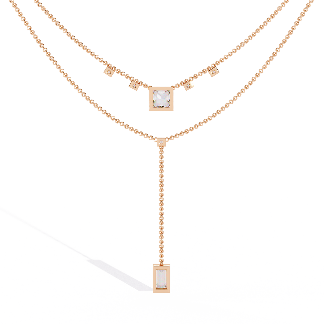 Layered Geometric Necklace with Princess and Baguette Cut lab grown Diamonds