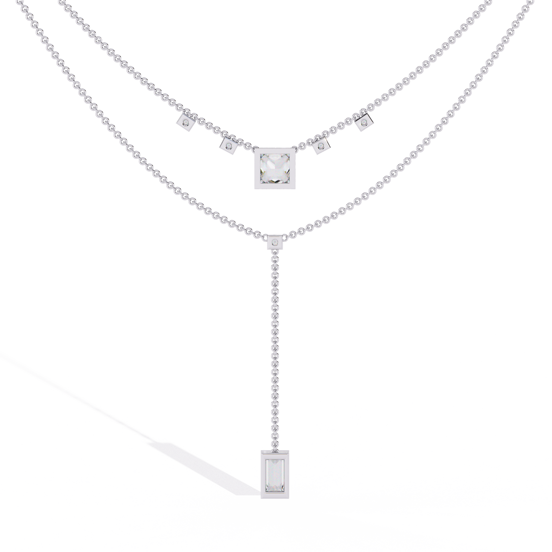 Layered Geometric Necklace with Princess and Baguette Cut lab grown Diamonds