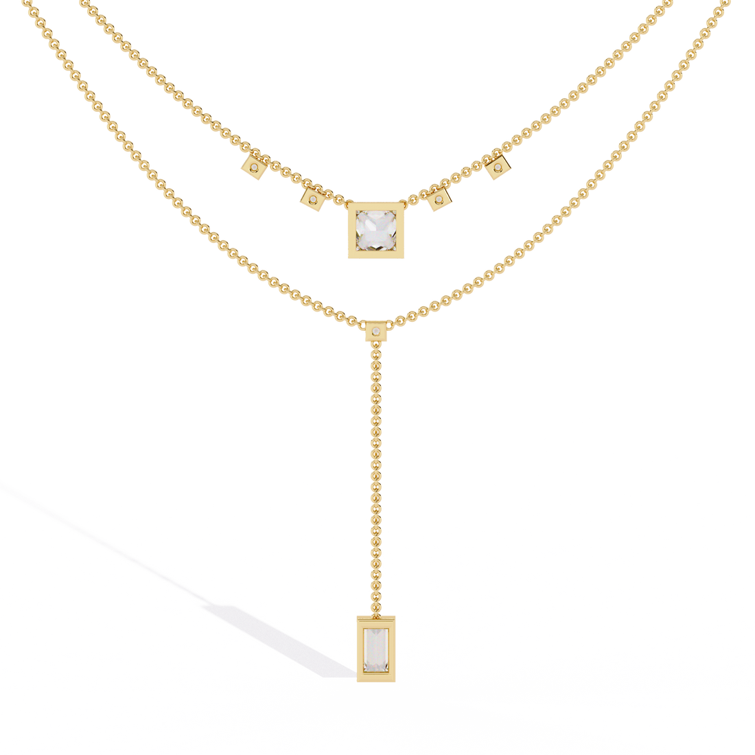 Layered Geometric Necklace with Princess and Baguette Cut lab grown Diamonds