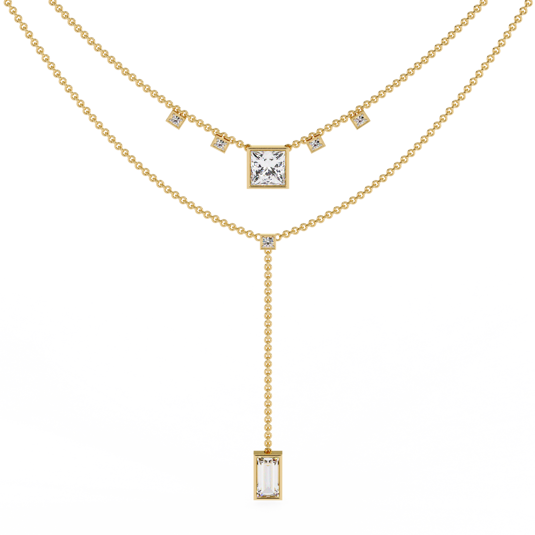 Layered Geometric Necklace with Princess and Baguette Cut lab grown Diamonds
