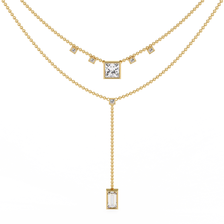 Layered Geometric Necklace with Princess and Baguette Cut lab grown Diamonds