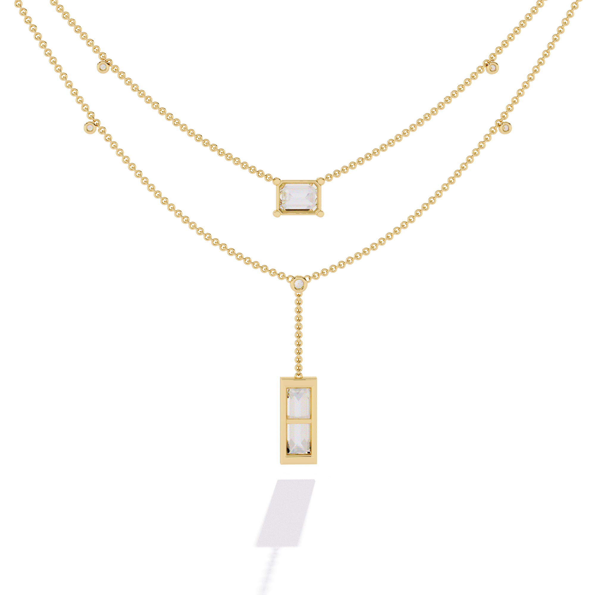 Double Layer Beaded Chain Necklace with Lab Grown Emerald and Baguette Cut Diamonds