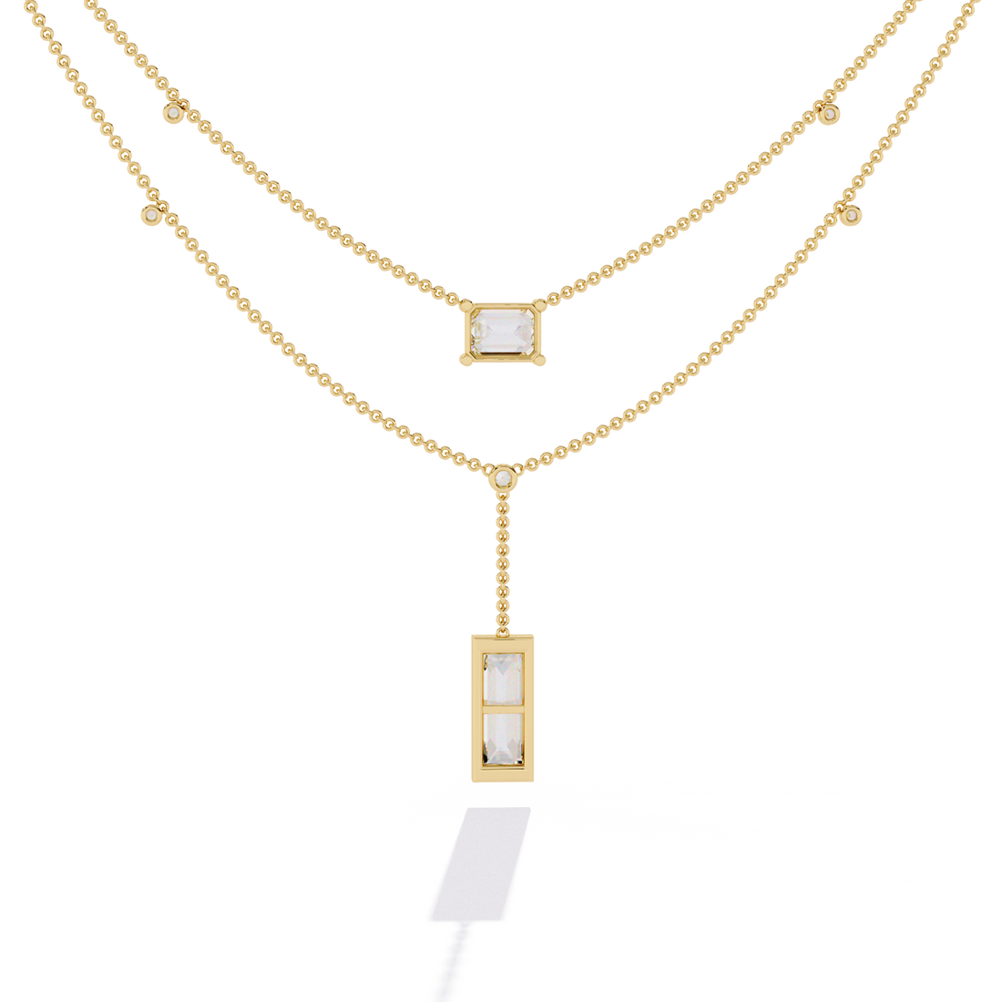 Double Layer Beaded Chain Necklace with Lab Grown Emerald and Baguette Cut Diamonds