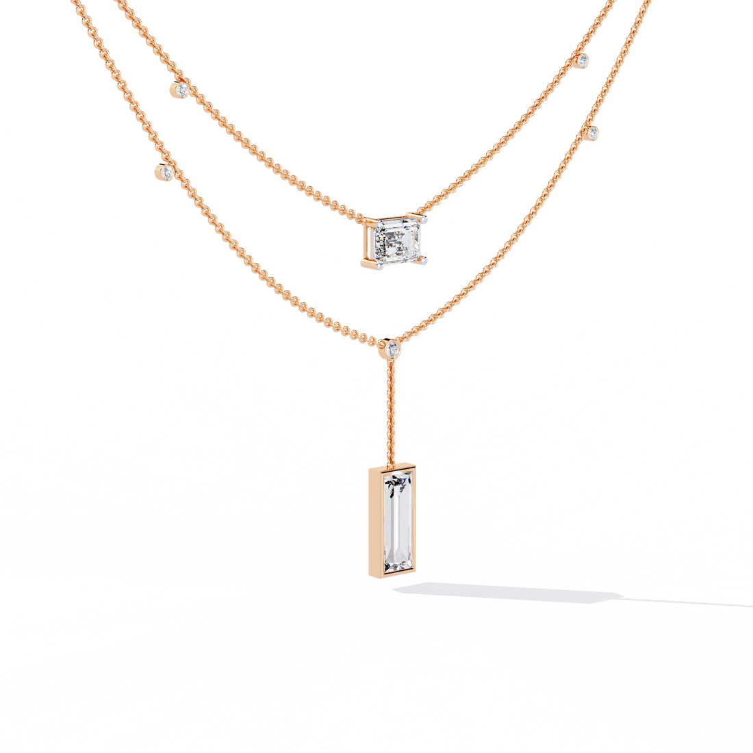 Double Layer Beaded Chain Necklace with Lab Grown Emerald and Baguette Cut Diamonds