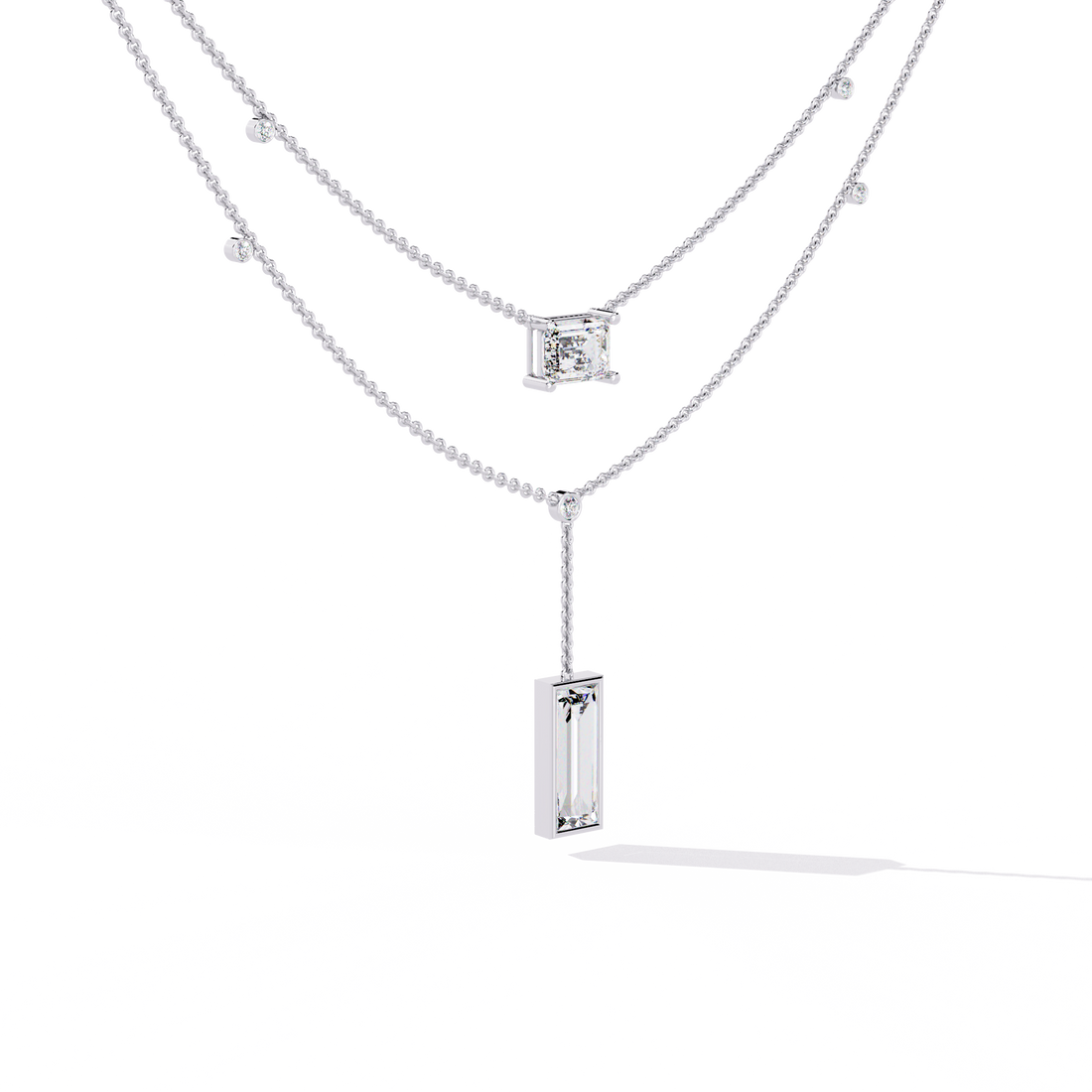 Double Layer Beaded Chain Necklace with Lab Grown Emerald and Baguette Cut Diamonds