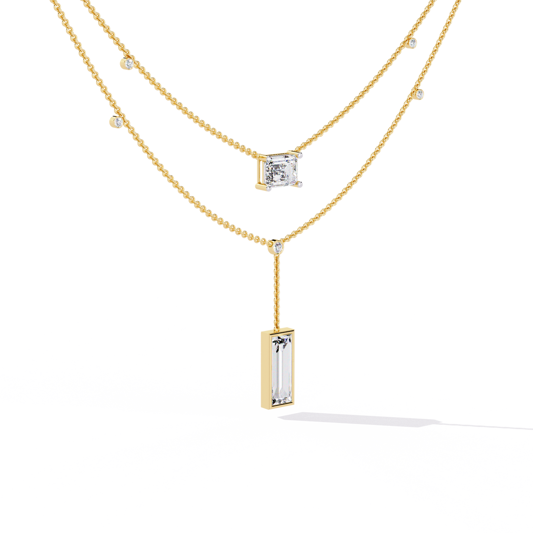 Double Layer Beaded Chain Necklace with Lab Grown Emerald and Baguette Cut Diamonds