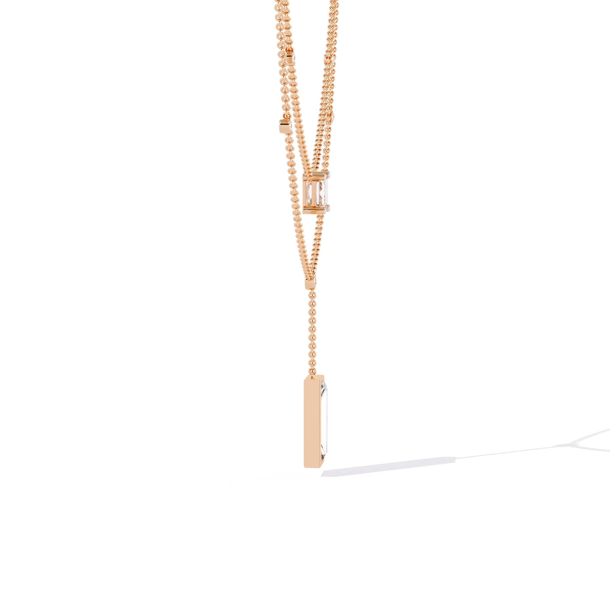 Double Layer Beaded Chain Necklace with Lab Grown Emerald and Baguette Cut Diamonds