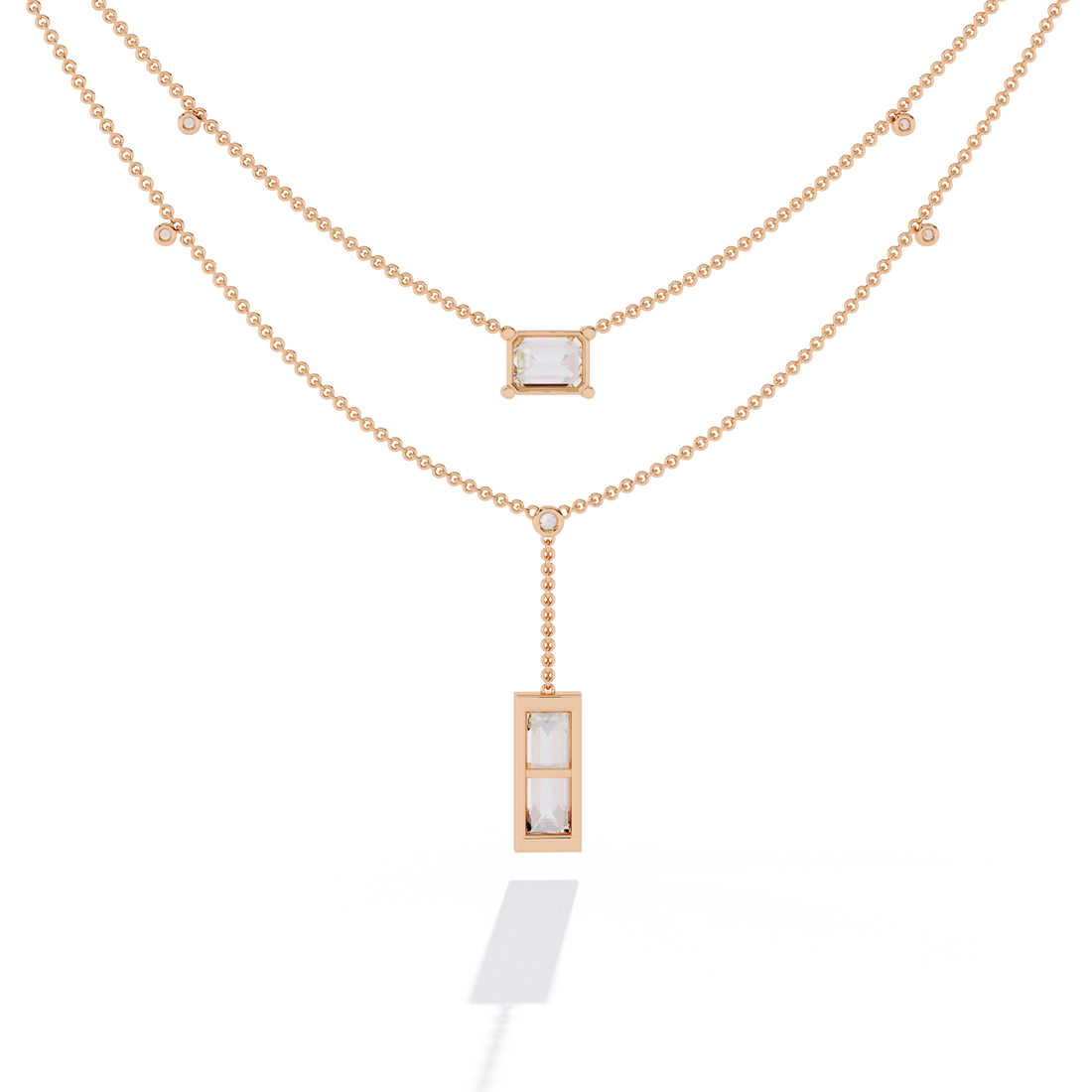 Double Layer Beaded Chain Necklace with Lab Grown Emerald and Baguette Cut Diamonds