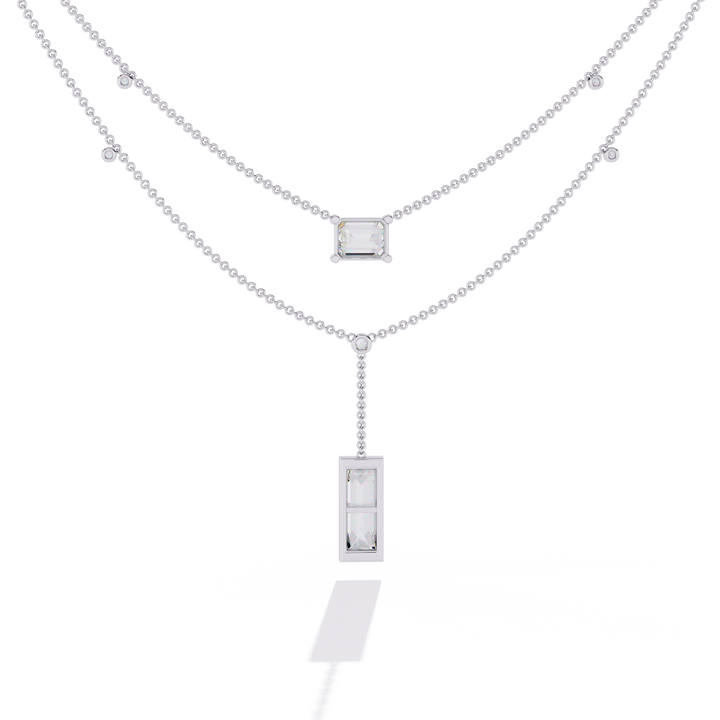 Double Layer Beaded Chain Necklace with Lab Grown Emerald and Baguette Cut Diamonds