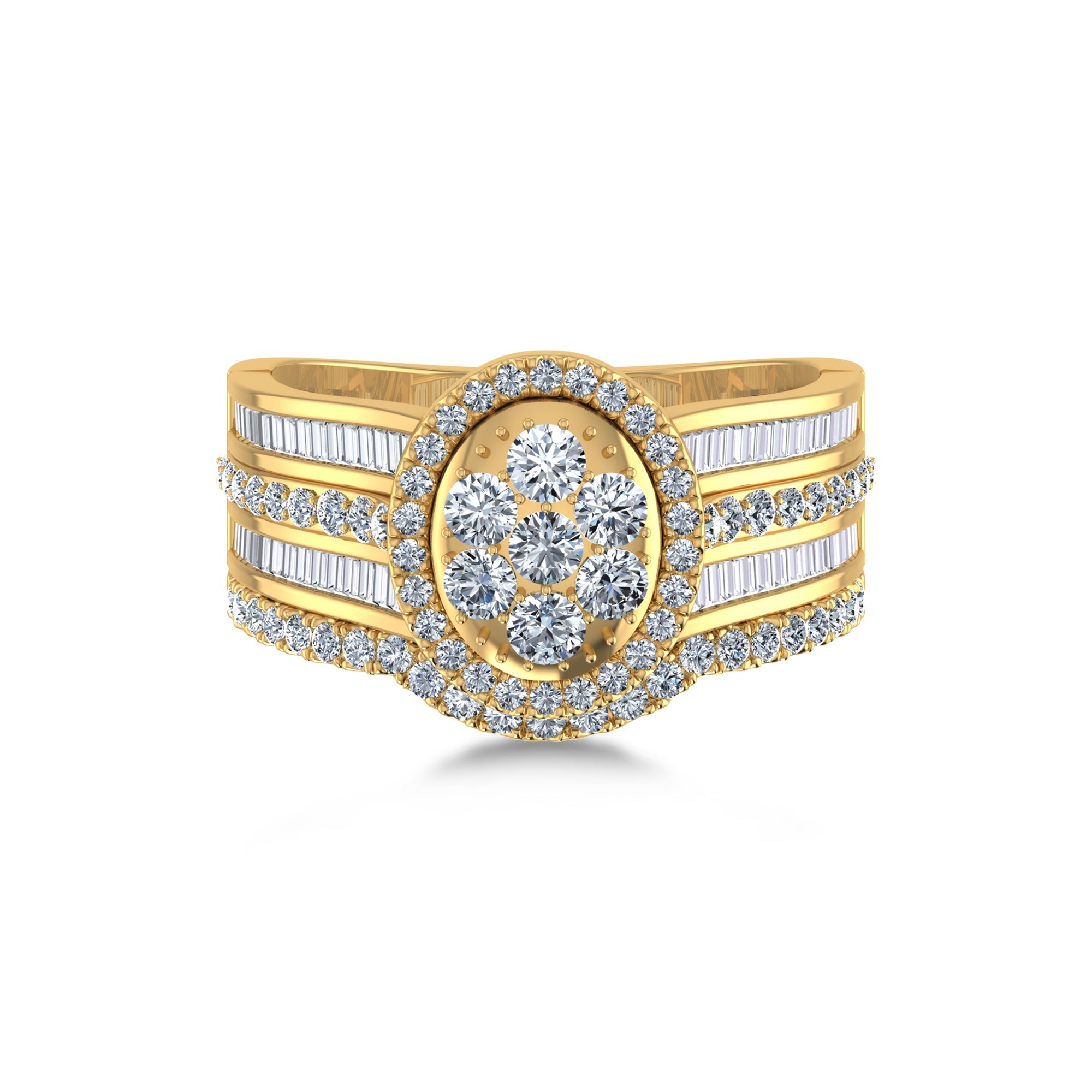 Oval Floral Halo Lab Diamond Ring with Baguette Bands